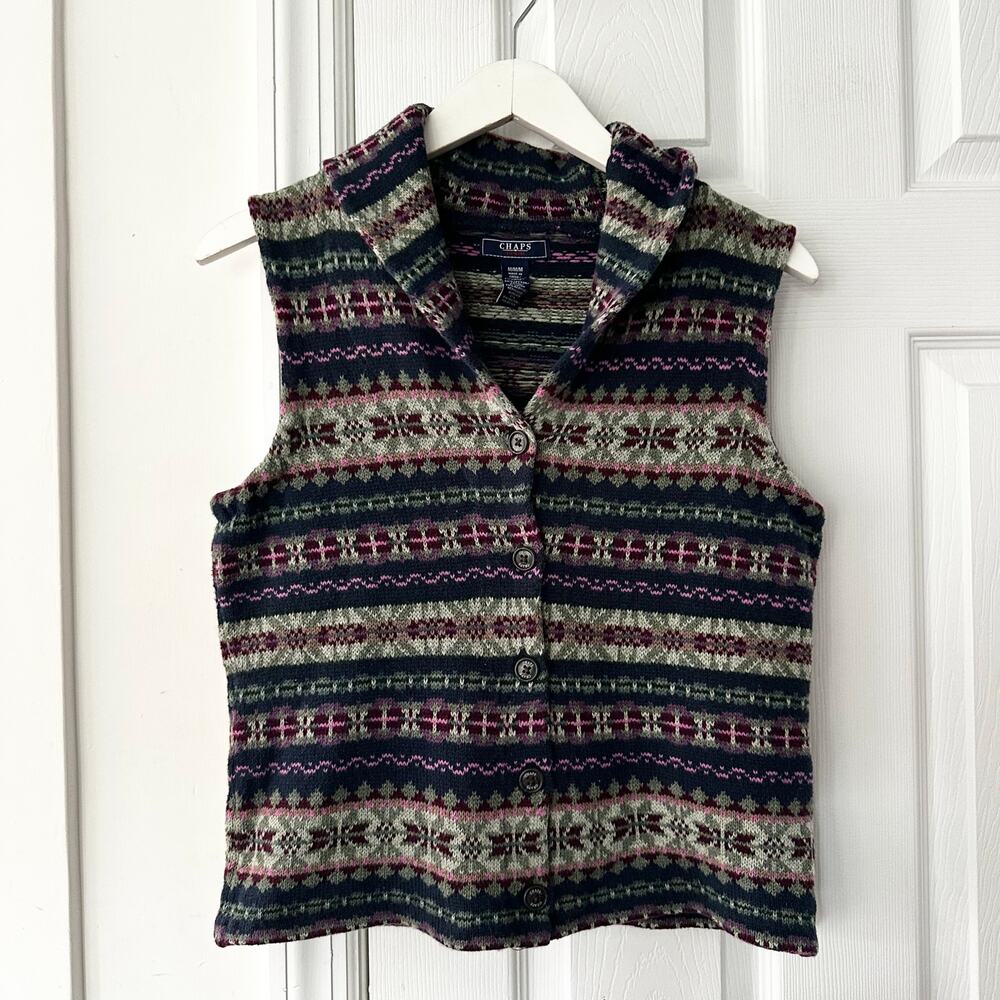 Chaps Cotton Blend Fair Isle Nordic Print Collared Button Sweater Vest Medium